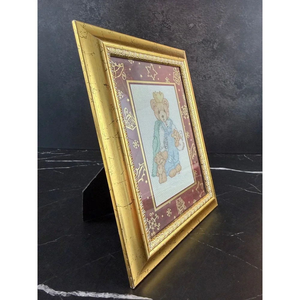 Hand Crafted Cross Stitch Royal Bear Framed Matted Holiday Christmas Art 8X7